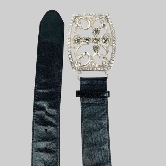 Bebe Cross Buckle Black Leather Belt Rhinestone Studded Women's Size S/M - Picture 9 of 14